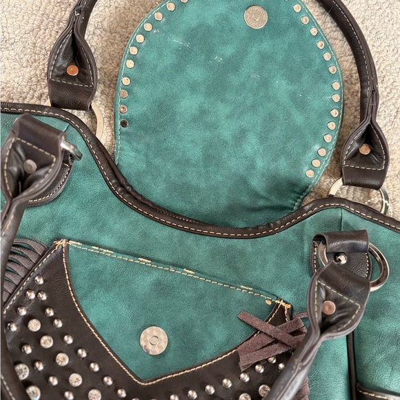 Trinity Ranch Western Studded Fringe Tote Teal Brown Leather NWT - Picture 16 of 16